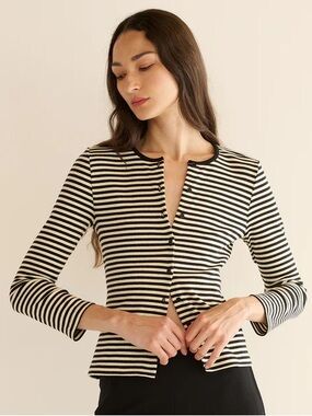 Doen Amelie Cotton Button Cardigan Knit Top Black Nantucket Stripe White